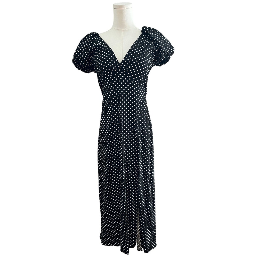 Zara Polka Dot Puff Sleeve Midi Dress Womens Size M Black White Open Back
